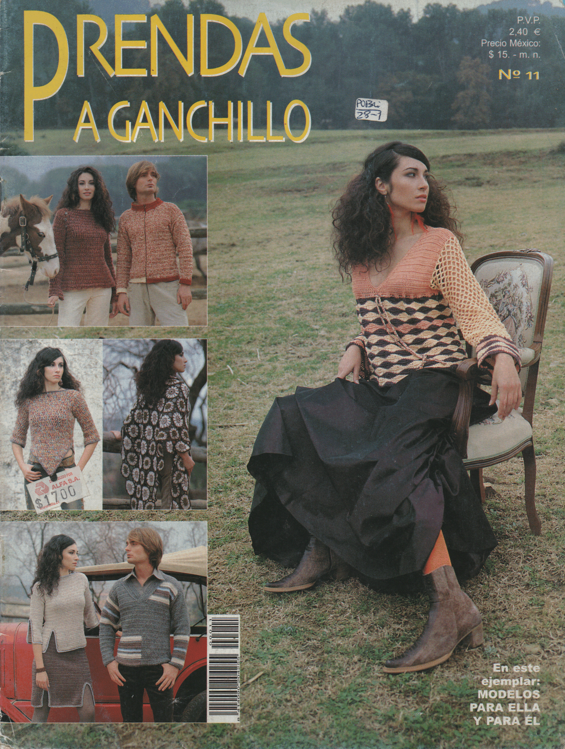 "Portada de la revista 'Prendas a Ganchillo' número 11. Una mujer con blusa de crochet naranja y marrón sentada en una silla sobre un campo verde. A la izquierda, cinco fotografías pequeñas muestran modelos de ropa de ganchillo para hombre y mujer, incluyendo suéteres, blusas y vestidos. Texto: 'En este ejemplar: modelos para ella y para él'. Precio en euros, México y número de edición."