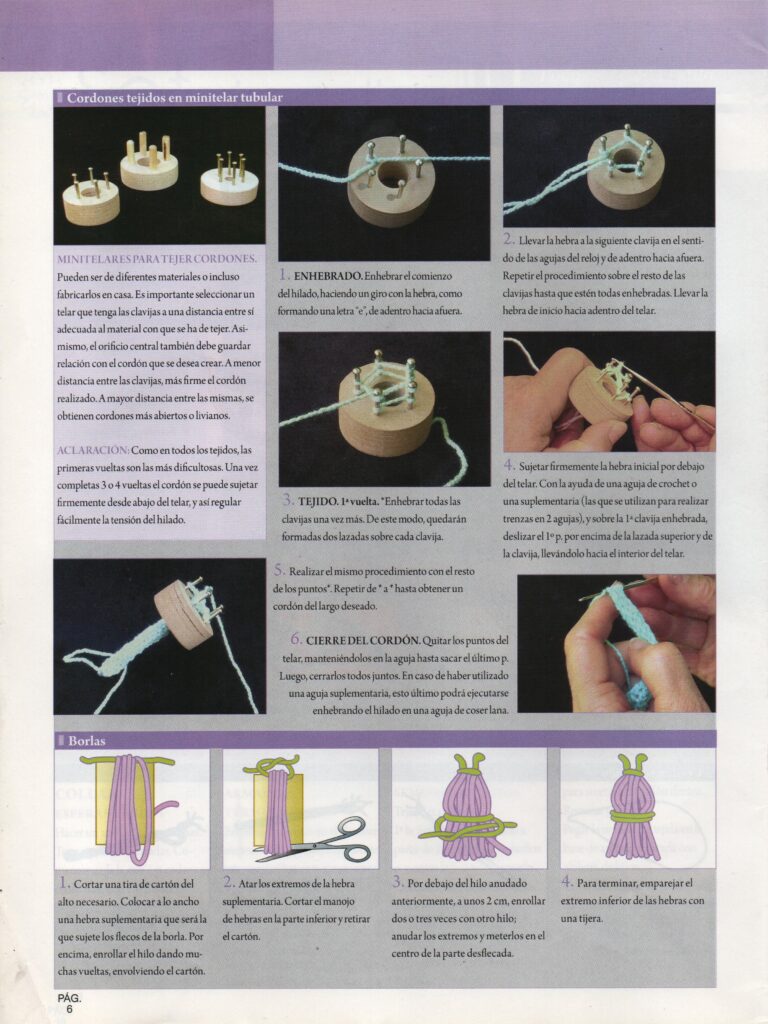 Instrucciones paso a paso en español para crear cordones tejidos y borlas con diagramas. La parte superior muestra cómo tejer cordones en un pequeño telar redondo; la parte inferior detalla cómo hacer borlas con hilo grueso y tijeras.