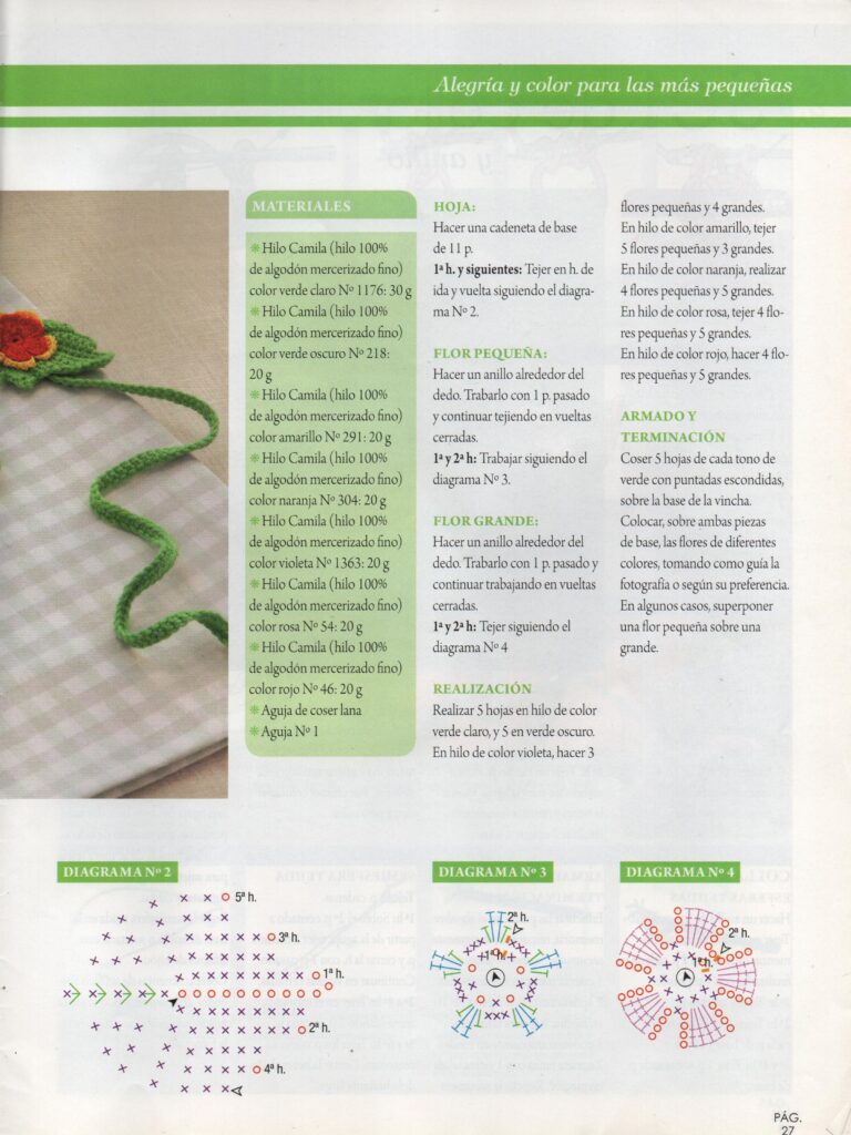 Pagina 2 Vincha y Pulsera con hojas y flores. Muestra las instrucciones de ganchillo para hacer flores y hojas, con una lista de materiales, texto paso a paso, tres diagramas de ganchillo y una foto de un tallo de ganchillo verde con una flor roja sobre tela.