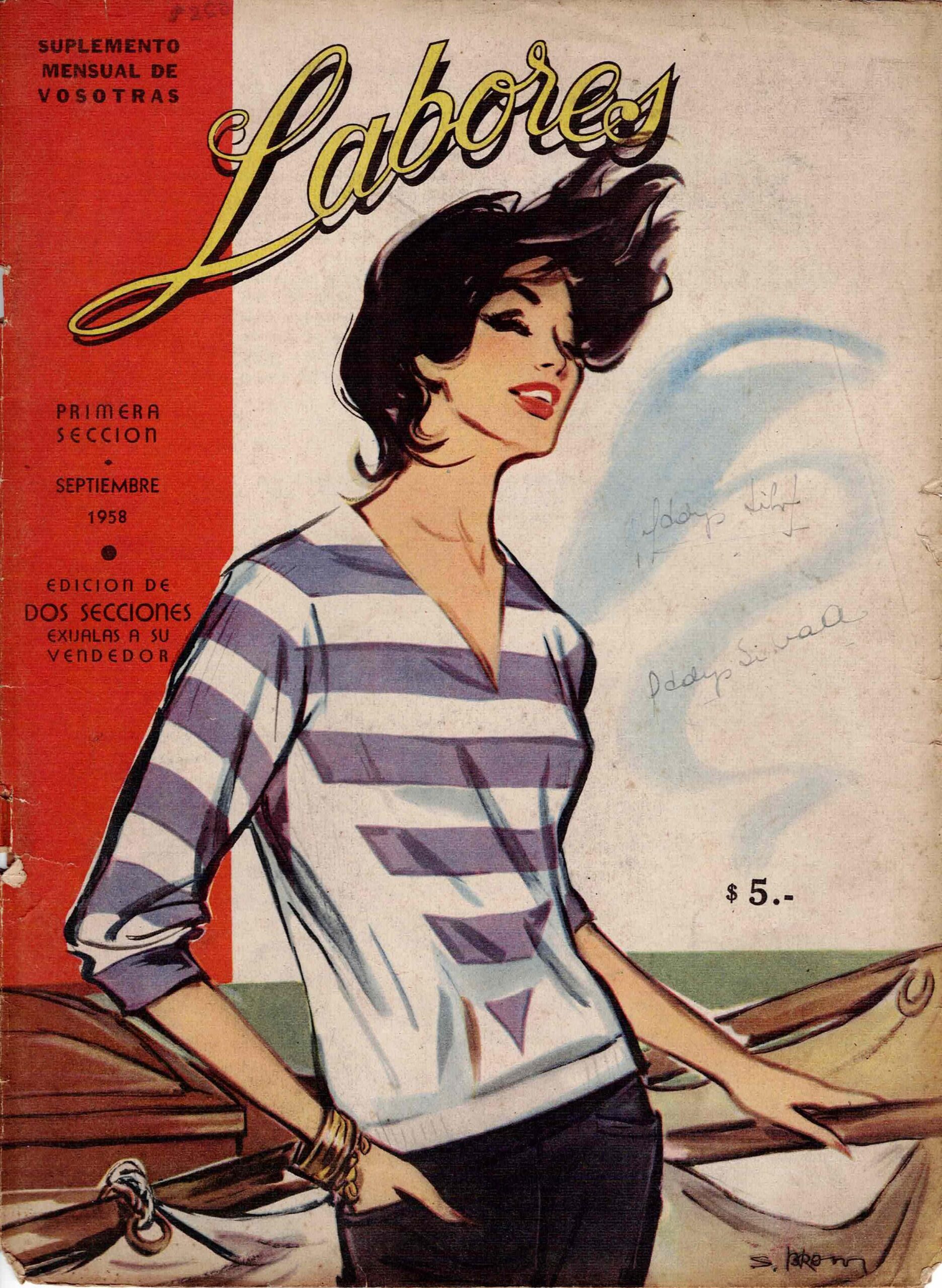 Portada de la revista “Labores”, suplemento mensual de “Vosotras”, primera sección de septiembre de 1958. Muestra una ilustración de una mujer con el cabello oscuro y suelto, vestida con un suéter de rayas lilas y blancas y pantalones oscuros, posando al aire libre. En el margen izquierdo, sobre fondo rojo, se leen los textos de la edición y el precio de $5.