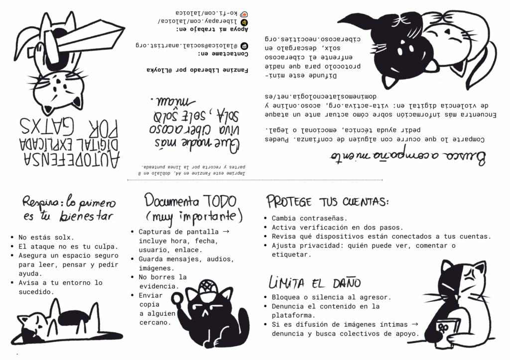 Fanzine en formato PDF titulado ‘Autodefensa digital explicada por gatxs’. Incluye ilustraciones simples de un gato y un mini-protocolo paso a paso para actuar ante violencia digital: crear un espacio seguro, registrar evidencia con capturas, resguardar mensajes, enviar copias a alguien cercano, reforzar contraseñas y privacidad, bloquear o denunciar al agresor y buscar apoyo. Al final se indican instrucciones de impresión, contactos de la autora y enlaces de apoyo y recursos sobre ciberacoso