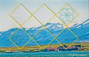 Fotografia de costanera en Puernto Natales, intervenida con bordado geometrico y detalle floral.