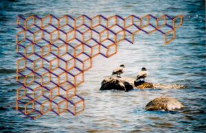 Fotografia de costanera en Puerno Natales, intervenida con bordados en formas geometricas cubicas.