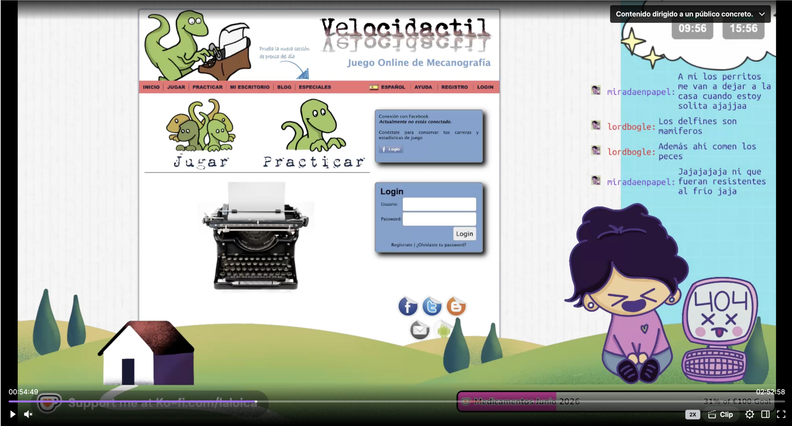 Captura de pantalla de video streem de la Loica en Twitch, muestra su personaje Vtuber riendose y de fondo la pagina web