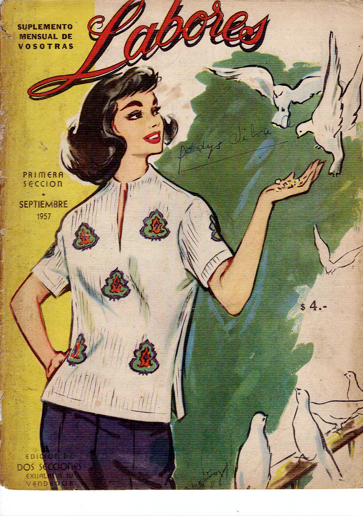 Portada de la Revista Labores de Septiembre de 1959, En letras cursivas dice Labores, la portada tiene una ilustraci[on de una mujer posando con unas palomas casi tocando su mano. La portada tiene escrito a mano Gladys Silva (quien posiblemente fue la dueña de la revista)