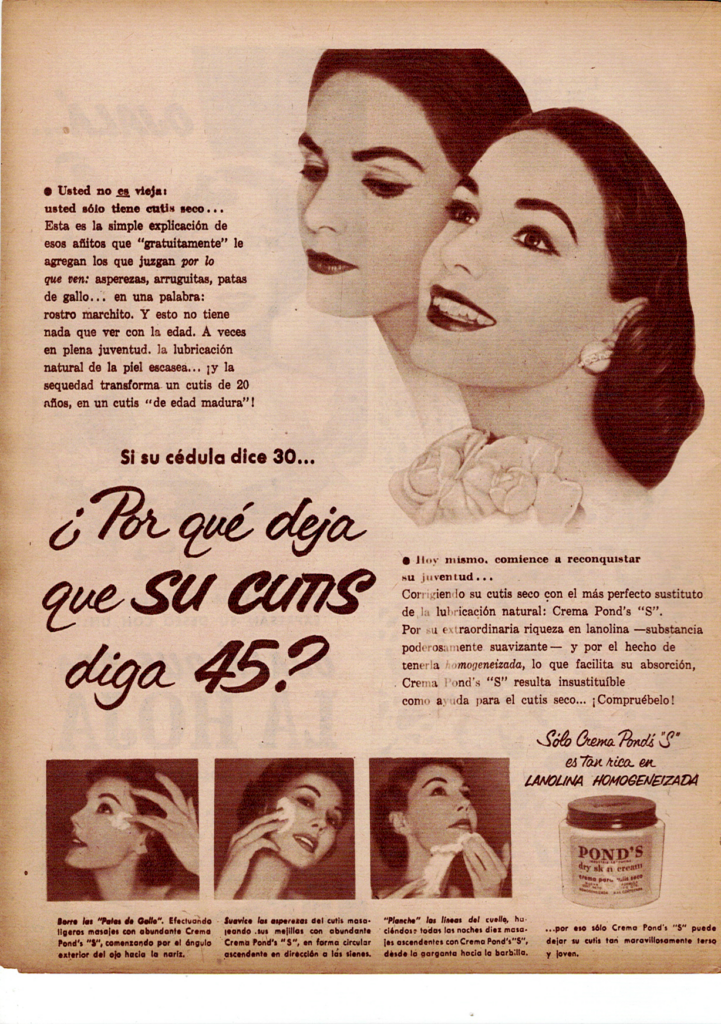 Página de la Revista Labores de Septiembre de 1959, esta contiene una propaganda de una crema para el rostro, La frase principal es Si su cédula dice 30 ... Por qué deja que su CUTIS diga 45?