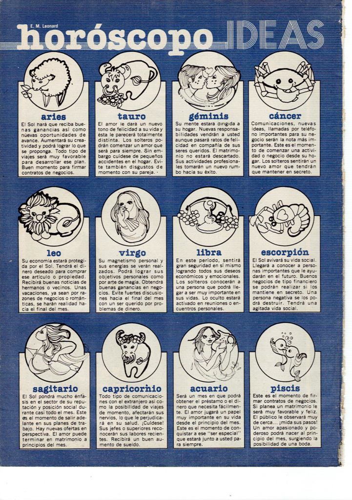 Pagina interior de la revista Ideas, edición Septiembre de 1981. Esta pagina contiene el horóscopo de la fecha. El fondo de la pagina es de color azul, cada signo está dibujado con expresiones tiernas.